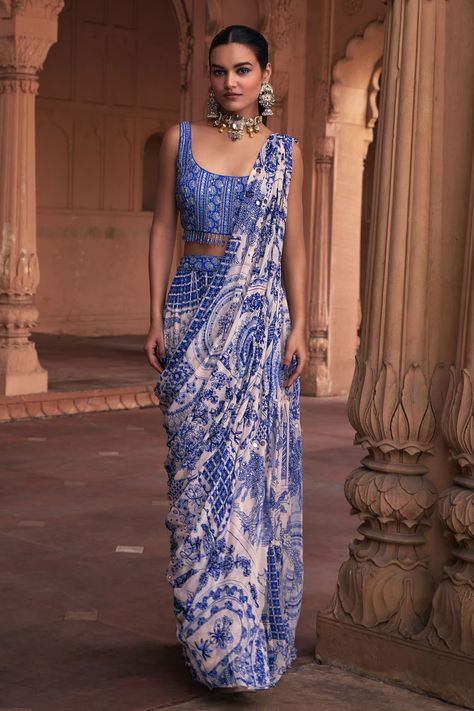 Shop for these amazing collections of Blue Crepe Print Gullista Scoop Neck Embellished Sharara Saree Set For Women by DiyaRajvvir online at Aza Fashions. Saree Indian Style, Stylish Way To Wear Saree, Sarees For Diwali, Bollywood Indian Outfits, Classy Sarees Elegant, Indian Wedding Saree For Bride, Modern Saree Look, Beach Saree, Indian Wedding Outfits Guest For Women