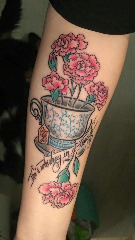 TeaCup, Flowers, Tattoo  She's Whiskey in a TeaCup Shes Whiskey In A Teacup Tattoo, Whiskey In A Teacup Tattoo, Whiskey Tattoo Ideas, Cup Of Tea Tattoo, Tea Tattoos, Whiskey In A Teacup, Tea Tattoo, Teacup Tattoo, Tato Tradisional