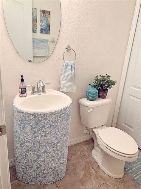 You can't go wrong with soft shades of blue in a powder room. 💧 Do you like the addition of the sink skirt? Sink Curtain Skirt, Under Sink Curtain, Bathroom Sink Skirt, Desk Skirt, Sink Curtain, Curtain Skirt, Bathroom Pedestal, Hide Pipes, Bathroom Pedestal Sink