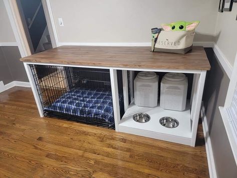 Office Desk With Dog Kennel, Dog Kennel With Storage, Dog Kennel Coffee Bar, Diy Dog Crate With Storage, Diy Inside Dog Kennel, Diy Dog Station Ideas, Small Dog Spaces In House, Small Dog Kennel Ideas Indoor, Pet Corner In Living Room