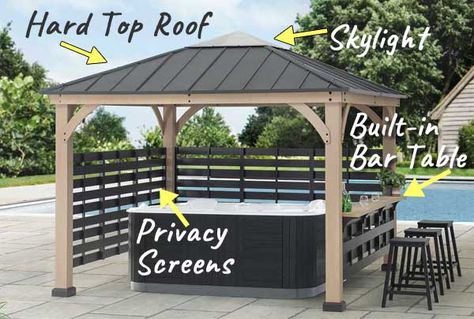 My Favorite Hot Tub Gazebo with a Built-in Bar Table, Contemporary Wood Slat Privacy Screens, Skylight & Hardtop Roof + Decorating Ideas... Hot Tub Cover Ideas Gazebo, Hot Tub Structures, Outdoor Hot Tub Set Up, Outdoor Covered Hot Tub Ideas, Pergolas Over Hot Tubs, Hot Tub Roof Gazebo, Hot Tub Gazebo With Bar, Corner Hot Tub Ideas Backyard, Gazebo Over Hot Tub Ideas