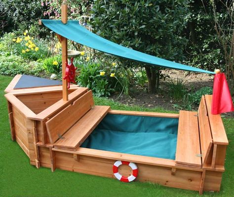 Boat sandbox for kids Wooden Sandbox, Diy Sandbox, Outdoor Play Areas, Kids Outdoor Play, Backyard Playground, Backyard For Kids, Kids Play Area, Outdoor Wood, Backyard Fun