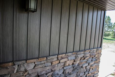 Brown Board And Batten Siding, House Siding Styles, Board And Batten Siding Colors, Siding Update, Metal Board And Batten Siding, Board And Batten Cladding, Vertical Wood Siding, Front Porch Remodel, Siding Styles