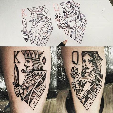 King Of Hearts Tattoo, Skull Couple Tattoo, Matching Love Tattoos, Poker Tattoo, Playing Card Tattoos, Couple Tattoo Ideas, Queen Of Hearts Tattoo, Quirky Couple, Couples Kiss