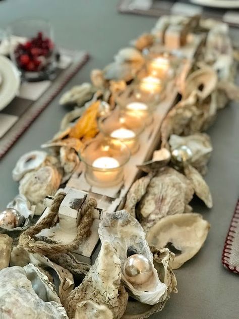 Sea Shell Center Piece, Oyster Table Decor, Oyster Shell Centerpiece, Oyster Centerpiece, Oyster Shell Table Decor, Oyster Decorations, Oyster Shell Wedding Decor, Oyster Shell Garland, What To Do With Shells From The Beach