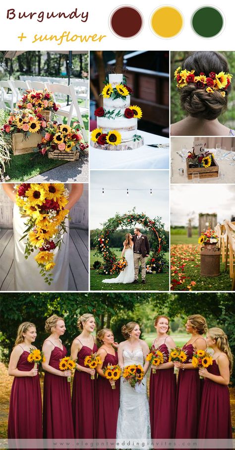 Wedding Season Colors, Sunflower Wedding Decorations, Burgundy Wedding Colors, Rustic Sunflower Wedding, Sunflower Themed Wedding, Sunflower Wedding Bouquet, Wedding Color Trends, Boda Mexicana, Summer Wedding Colors