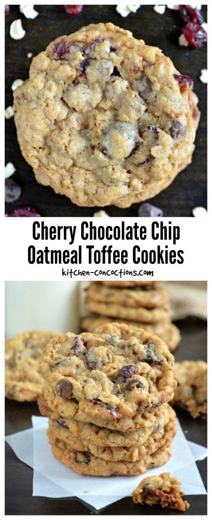 Cherry Chocolate Chip Oatmeal Toffee Cookies - Crisp and chewy oatmeal cookies packed with chocolate chips, dried cherries and toffee bits. This cookie recipe is a delightful afternoon treat dished up with a tall glass of milk. Cookies With Dried Cherries, Recipes With Dried Cherries, Dried Cherry Cookies, Dried Cherries Recipes, Recipe Using Dried Cherries, Dried Cherry Recipes, Fruit Cake Cookies Recipe, Cherry Oatmeal Cookies, Fruit Drinks Recipes