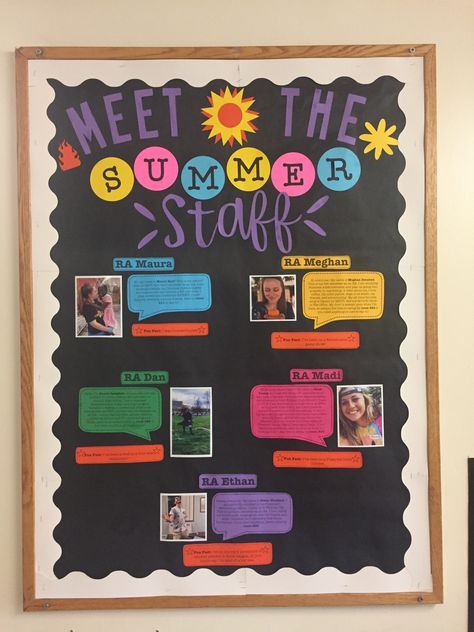 RA Meet The Staff Bulletin Board #ra #reslife #residentassistant #bulletinboard #bulletinboardideas #cricut Staff Boards Ideas, Meet The Teachers Bulletin Board, Ymca Bulletin Board Ideas, Team Building Bulletin Boards, Etsy Bulletin Boards, Meet Our Staff Display, Daycare Staff Board, Staff Of The Month Bulletin Board, Meet The Teacher Board Ideas