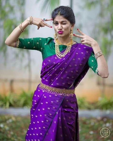 Green And Purple Saree Combination, Contrast Blouse For Purple Silk Saree, Purple Saree Contrast Blouse, Purple Colour Blouse Designs, Purple Saree Blouse Combination, Blouse For Silk Saree, Colour Blouse Designs, Contrast Blouse Designs, Cotton Blouse Online