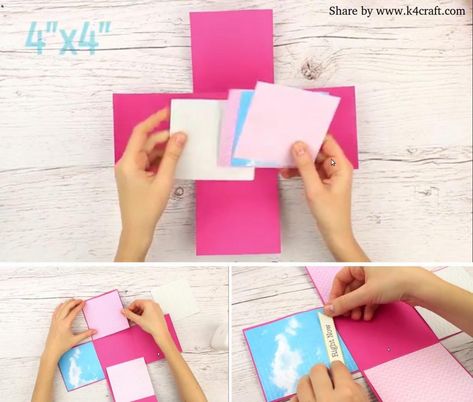 DIY Exploding Box for beginners - Step by step Instructions • K4 Craft Box Making Template, Memories Box Diy, Explosion Box Tutorial, Diy Exploding Box, Birthday Explosion Box, Exploding Gift Box, Exploding Box Card, Simple Cards Handmade, Chocolate Boxes