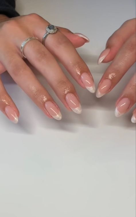 White French Tip Pearls, White Shimmer French Tip Nails, Translucent French Tip Nails, French Tip Nails With Shimmer, Opalescent French Tip Nails, Shimmer French Nails, Pearl Tip Acrylic Nails, Pearlescent French Tip Nails, Shimmer French Tips