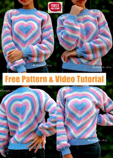 Crochet Heart Pattern Sweater, Crochet Winter Wear Free Pattern, How To Crochet Designs, Crochet Patch Patterns Free, Kawaii Crochet Sweater, Heart Sweater Crochet Pattern Free, Crochet Clothes Tutorial Patterns, Crochet Cardigan Inspiration, Crochet Heart Jumper