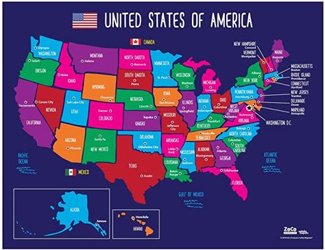 Amazon.com: Map of USA States and Capitals - Colorful US Map with Capitals - American Map Poster - USA Map States and Capitals Poster - North America Map - Laminated Map of the United States for Kids - 17 x 22: Home & Kitchen Us Map With Cities, Capital Name, Map Of United States, Map Of Usa, Us States Flags, Classroom Homeschool, States And Capitals, North America Map, Maps For Kids