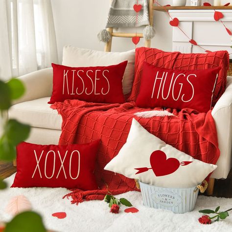 Amazon.com: AVOIN colorlife Valentine's Day Saying Throw Pillow Cover, 18 x 18 Inch Holiday Kisses Hugs XOXO Love Heart Arrow Anniversary Wedding Cushion Case Decoration for Sofa Couch Set of 4 : Home & Kitchen Valentine Shoot, Love Couch, Hello Valentine, Wedding Cushion, Valentines Pillows, Easter Pillows, 18x18 Pillow Cover, Red Throw Pillows, Valentine Love