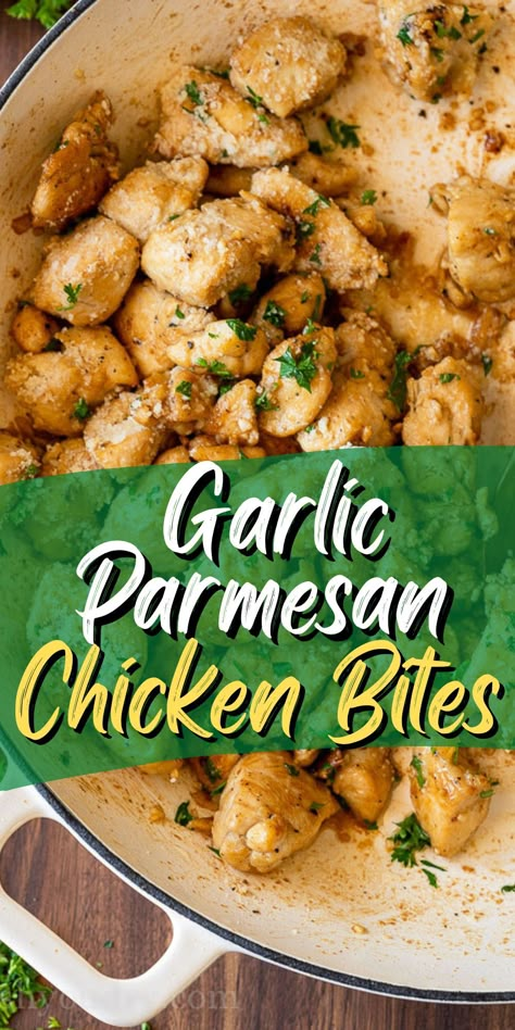 Garlic Chicken Butter Bites, Garlic Parm Chicken Bites Air Fryer, Chicken Garlic Bites, Simple Garlic Chicken Recipes, Pan Seared Chicken Bites, Chicken Nugget Sides Dishes, Simple Quick Chicken Recipes, Single Serving Chicken Recipes, Different Chicken Recipes Dinners