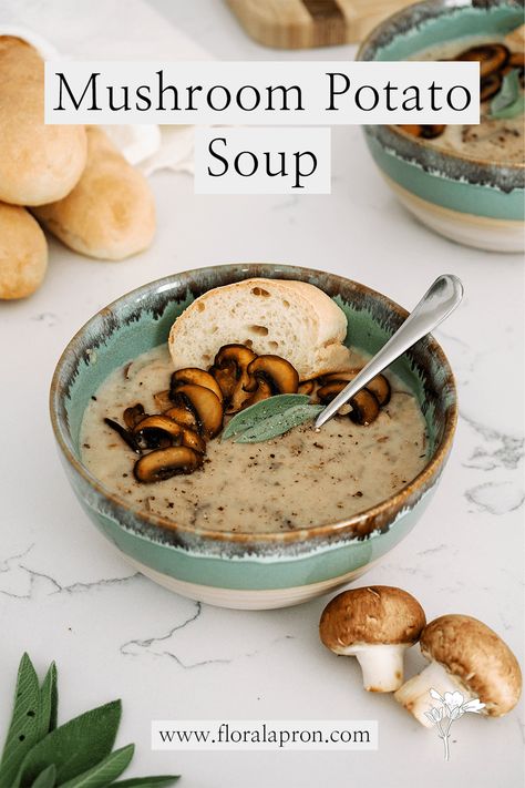 Mushroom Potato Soup - The Floral Apron Potato Soup With Mushrooms, Roasted Potatoes Soup, Sweet Potato Mushroom Soup, Potato Soup Without Heavy Cream, Potato And Mushroom Soup, Potato Mushroom Soup, Puree Soup Recipes, Mushroom Potato Soup, Marrow Soup