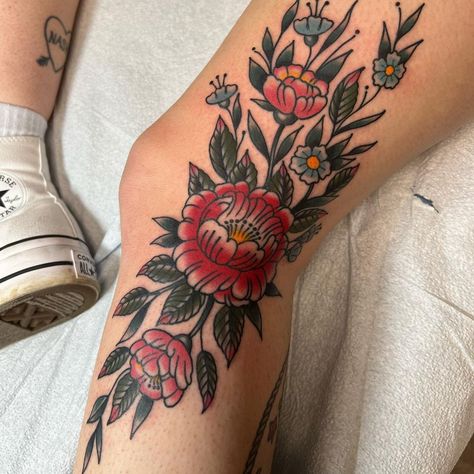 Hip Tattoos Traditional, Trad Leg Tattoos Women, Feminine Filler Tattoo Ideas, Above Knee Tattoo American Traditional, Traditional Half Sleeve Women, American Traditional Leg Sleeve Woman, Traditional Tattoos Flower Sleeve, American Traditional Tattoo Leg Sleeve, Floral Thigh Tattoos Color