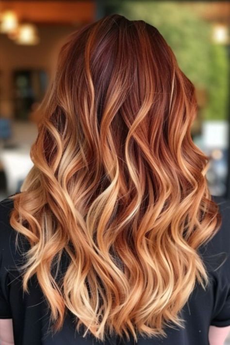 Reddish Brown to Honey Brown Ombre with Loose Curls Red And Blonde Hair, Brown Hair Color With Blonde Highlights, Honey Brown Hair Color, Red And Blonde, Red Hair Inspiration, Honey Brown Hair, Bold Hair Color, Ginger Hair Color, Red Brown Hair