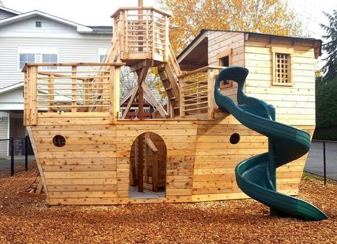 Pirate Ship Playhouse Plans, Ship Playhouse, Pirate Ship Playhouse, Spiral Slide, Backyard Playset, Playhouse Plans, Firewood Shed, Diy Playhouse, Backyard Playhouse