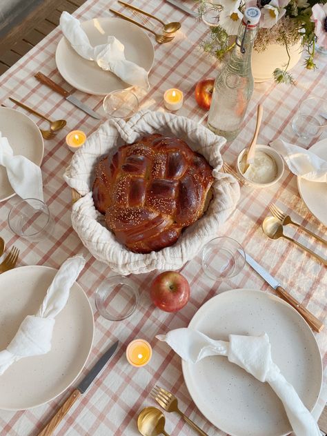 my rosh hashanah table - almost makes perfect Jewish Table Setting, Rosh Hashanah Aesthetic, Rosh Hashana Aesthetic, Rosh Hashana Table Setting, Rosh Hashana Decorations, Shabbat Dinner Table, Rosh Hashanah Table, Easy Cucumber Salad, Yom Teruah