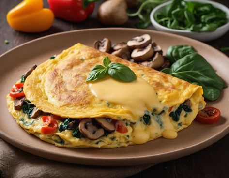 Fluffy omelette with peppers, onion, spinach, mushrooms, and cheese. Ready in 15 minutes, serves 2. Full recipe available in Gumroad! Check our profile! 🔗 Fluffy Omelette, Mushroom Omelette, 15 Minutes, Peppers, Spinach, Food To Make, Stuffed Mushrooms, Cheese, Stuffed Peppers