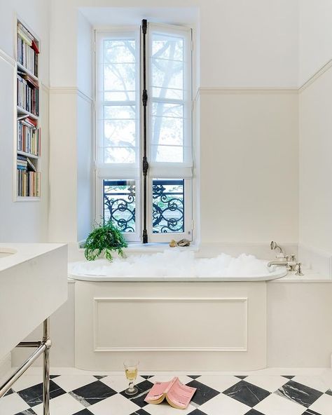 Kasha Paris (@abkasha) • Instagram photos and videos Kasha Paris, Earth Tone Bathroom, Parisian Windows, Paris Bathroom, Chic Apartment Decor, Checkered Floor, Home Spa Room, 1920s House, Gorgeous Interiors