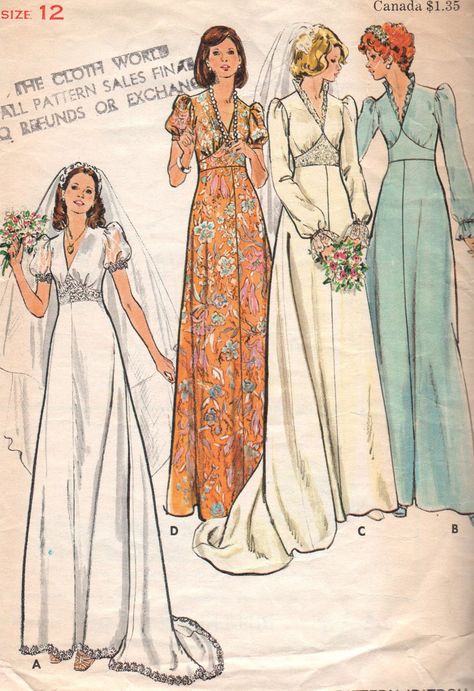 Vintage Wedding Dress Pattern. This looks very similar to the pattern i used for my wedding dress that my mother in law made for me in 1977. Vintage Wedding Dress Sewing Patterns, Vintage Wedding Dress Pattern, Cream Gown, Gown Patterns, Wedding Gown Patterns, Wedding Dress Sewing, 60s Wedding, Wedding Dress Sewing Patterns, Patterned Bridesmaid Dresses