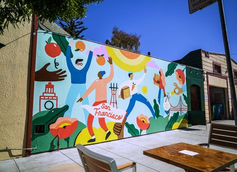 To celebrate their newly formed partnership with Walmart, Instacart partnered with Muros to develop a multi-city mural campaign. Murals About Community, Mural Art For School, Mural Illustration Wall, Mural Art Street, Mural Art School, Mural Community, Steffi Lynn, Reban Ayam, Community Mural