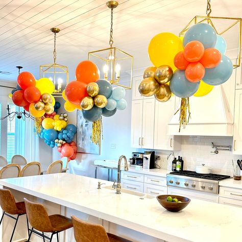 These colors are everything!!! #balloonbundles #balloonchandelier #balloondecor #balloondecor #nolaballoons #balloonsnola | Instagram Umbrella Balloon Garland, Balloon Arch Backdrop, Hanging Balloons, Balloon Chandelier, Balloon Clusters, Bridal Shower Balloons, Sesame Street Birthday Party, Baby Event, Troll Party