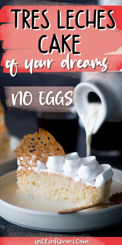 If you have never had Eggless Tres Leches Cake, you are in for a treat! Picture this: a fluffy white sheet cake, poked with holes and soaked in a mixture of milk, sweetened condensed milk, and cream (tres leches means 3 milks!) The resulting cake is irresistibly moist. It's perfect for Cinco de Mayo! Eggless Tres Leches Cake Recipe, Tres Leches Cake Eggless, Eggless Tres Leches Cake, Desserts No Eggs, Soaked Cake Recipe, White Sheet Cake, Chocolate Tres Leches Cake, Cake Recipes Without Eggs, Egg Free Cakes