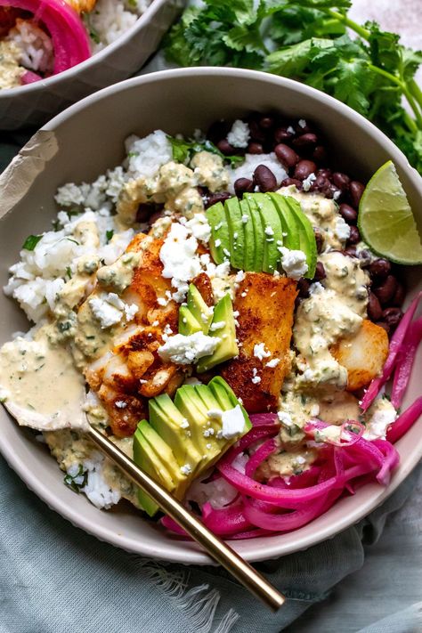 Fish Taco Bowls - Sailor Bailey Fish Taco Salad Bowl, Tilapia Taco Bowl, Fish Burrito Bowl, Fish Tacos Bowl, Fish Taco Bowl Healthy, Fish Bowls Recipe, Tilapia Bowl, Healthy Tilapia Recipes, Healthy Taco Bowl