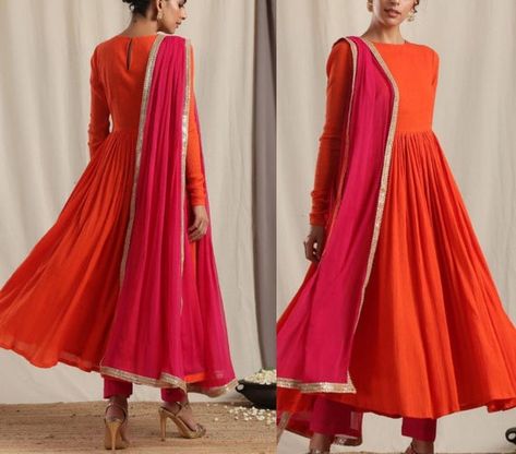 Orange Pink Combination Dress, Pleated Dress Indian, Pink Churidar, Traditional Dresses Indian, Indian Maxi Dress, Indian Maxi, Suit Kurti, White Long Gown, Orange Color Combinations