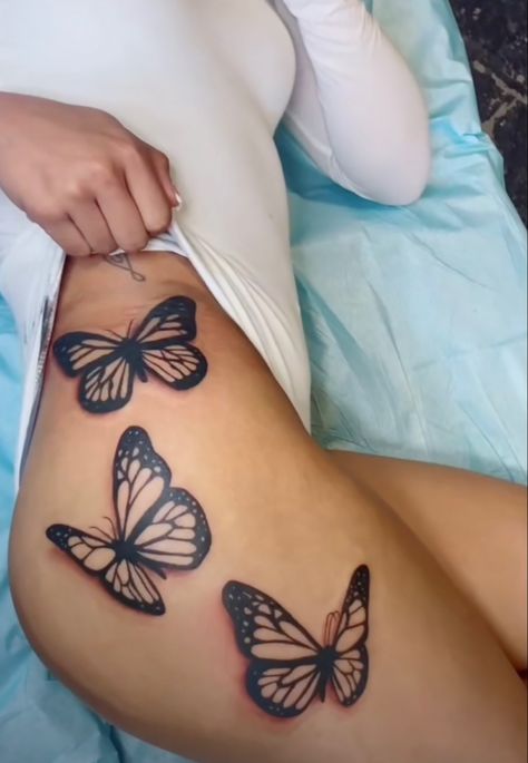 Butterflies Going Down Leg Tattoo, Inner Thigh Butterfly Tattoo, Colar Bone Tattoo Black Women, Butterfly Thigh Tattoos Women, Butterfly Leg Tattoos, Butterfly Thigh Tattoo, Cute Thigh Tattoos, Simple Tattoos For Women, Tattoos To Cover Scars