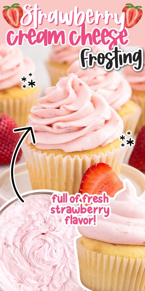 This strawberry cream cheese frosting is made with just 6 simple ingredients, is perfect for decorating, and is full of fresh strawberry flavor. Strawberry Cupcake Icing Recipe, Strawberry Icing With Jello, What To Do With Strawberry Puree, Strawberry Puree Cookies, Strawberry Puree Desserts, Strawberry Frosting With Real Strawberry, Strawberry Icing With Fresh Strawberries, Strawberry Icing Recipe, Homemade Strawberry Frosting