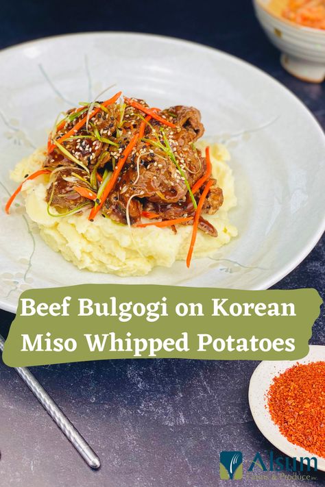 Beef Bulgogi on Korean Miso Whipped Potatoes is the perfect ethnic dinner to spice up your dinner table! #Potatoes #EthnicRecipes #Recipes Korean Beef Bulgogi, Mash Potatoes, Whipped Potatoes, Potato Flakes, Bulgogi Beef, Korean Beef, Shrimp Paste, Chinese Cabbage, Potato Recipe