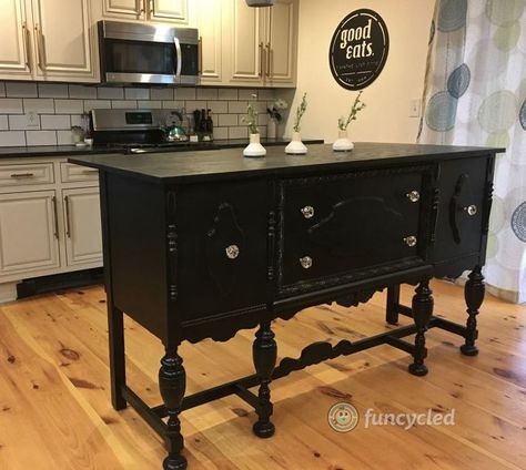 repurposed antique buffet into kitchen island Buffet Into Kitchen Island, Antique Kitchen Island, Unique Kitchen Design, Antique Buffet, White Furniture Living Room, Rustic Kitchen Island, Diy Kitchen Island, Antique Kitchen, Kitchen Island Design