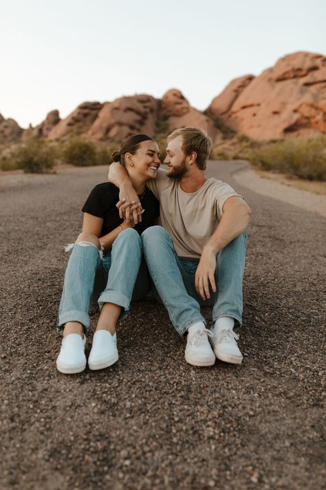 Short King Couple Poses, Desert Couple Photoshoot, Desert Photoshoot Outfit, Desert Photo Shoot, Casual Couples Photoshoot, Desert Photoshoot Ideas, Papago Park, God Centered, Desert Engagement Photos