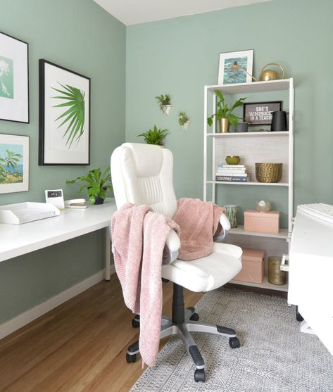 Trending: Blush Pink Accents | Centsational Style Green And Blush Office, Sage And Pink Office, Chenile Blanket, Blush Pink And Green Bedroom, Light Green And Pink Bedroom, Pink Green Office, Pink And Green Office, Light Green Office, Blush Pink Office