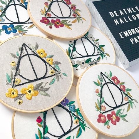 Deathly Hallows Embroidery Pattern will be released tonight! ⚡️✨🎉 I am so excited to see which colors you all choose! #LRESYO . . . . . . .… Embroidery Harry Potter, Art Harry Potter, The Deathly Hallows, Potter Art, Embroidery Transfers, Embroidery Patterns Vintage, Learn Embroidery, Brazilian Embroidery, Embroidery Patterns Free