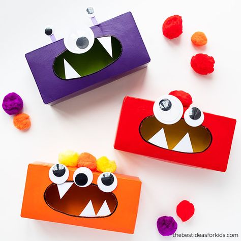 Tissue Box Monster Craft for Kids Fairy Jars Diy, Tissue Box Crafts, Kids Craft Activities, Diy Kid Activities, Halloween Infantil, Recycled Crafts Kids, Monster Craft, Monster Crafts, Fun Activities For Toddlers