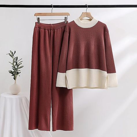 Co Ord Sets Women, Knit Two Piece Set, Top And Pants Set, Long Sleeve Knit Sweaters, Sleepwear Sets, Tracksuit Women, Co Ord Set, Knit Pants, Casual Sets