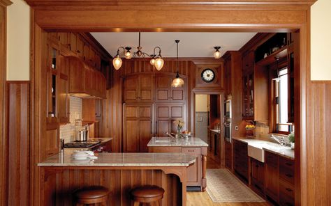 All wood victorian kitchen with farm sink and island. Monochromatic maximalism. Victorian Maximalism, Kitchen Wood Cabinets, Closed Kitchen Design, Victorian Style Kitchen, Closed Kitchen, Dark Wood Kitchens, Diy Wainscoting, Classic White Kitchen, Traditional Kitchen Design