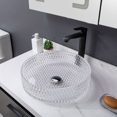 This is a modern glass wash basin, you can purchase it from Homelava.com to decorate your bathroom countertop, stylish and practical. Vessel Sink Ideas, Modern Pedestal Sink, Modern Zen Bathroom, Glass Bathroom Sink, Glass Basin, Bathroom Vanity Makeover, Glass Countertops, Wall Tiles Design, Turkish Tiles