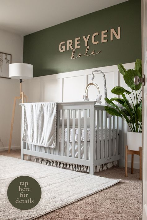 Baby boy nursery | boy nursery room ideas | boho nursery | baby boy nursery ideas | organic nursery | nursery inspiration | baby boy room tour | nursery organization | nursery ideas | baby boy nursery decor | gender neutral nursery | simple nursery Green Accent Wall With Grey Crib, Sage Green Shiplap Wall Nursery, Green Nursery Grey Crib, Baby Boy Simple Nursery, Hunter Green Boy Nursery, Green Wall Nursery Boy, Baby Boy Accent Wall, Olive Nursery Boy, Baby Boy Nursery Decor Ideas