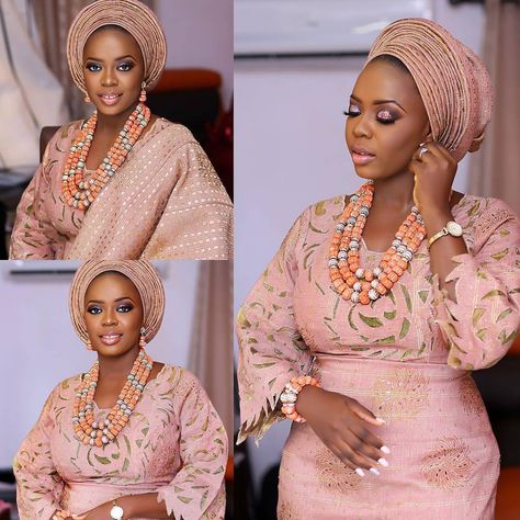 Ms Asoebi on Instagram: “@decadenttreats_ng looked all shades of crisp in this Rose gold goodness Aso-oke Super Q Makeup and gele by @zainabazeez Beads by @geebalo…” Rose Gold Asoebi, Gold Asoebi, Gold Aso Oke, Nigerian Wedding Dresses Traditional, Asoebi Lace, Nigerian Wedding Dress, Yoruba Bride, Nigerian Traditional Wedding, Nigerian Outfits