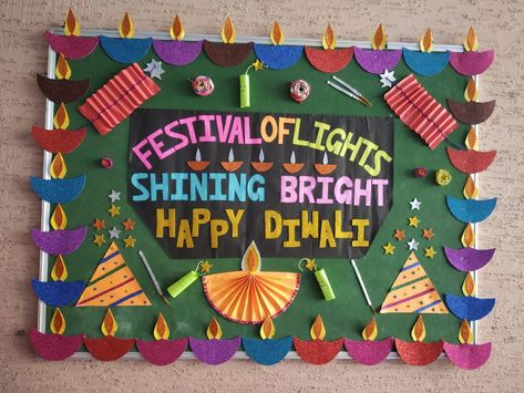 Diwali Board Ideas For School, Diwali Chart For School Kids, Diwali Chart Paper For School, Softboard Ideas For Kindergarten, Diwali Class Board Decoration, Diwali Backdrop Ideas For School, Happy Diwali Chart For School, Happy Diwali Board Decoration, Diwali Stage Decoration In School