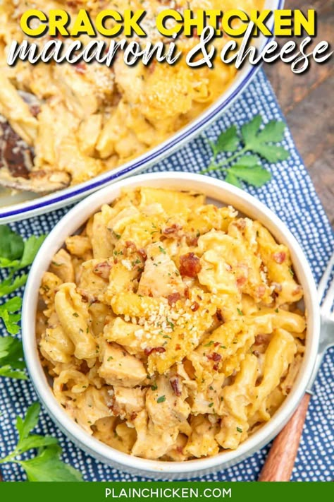 Crack Chicken Macaroni and Cheese Recipe - THE BEST macaroni and cheese EVER! Campanelle pasta, butter, flour, ranch seasoning, heavy cream, milk, salt, pepper, cheddar cheese, chicken and bacon. Can make in advance and refrigerate or freeze for later. Comfort food at its best! Cracked Chicken, Chicken Macaroni And Cheese, Campanelle Pasta, Chicken Mac And Cheese, Chicken Macaroni, Recipe Inspirations, Best Macaroni And Cheese, Braised Brisket, Pasta Meals