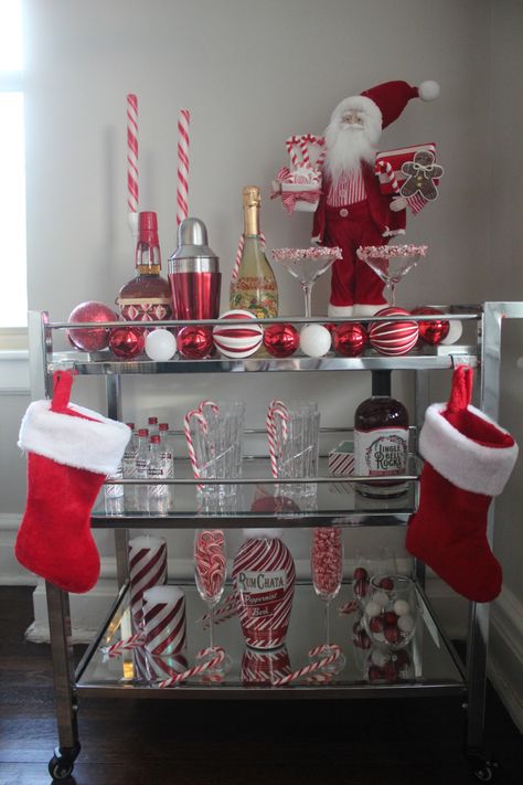 bar cart christmas candycane decor Christmas Bar Decorations House, Bar Cart Christmas Decor, Christmas Bar Cart Ideas, Christmas Bar Cart Styling, Christmas Bar Decorations, Bar Cart Christmas, Christmas Bar Cart, Holiday Bar Cart, Wine Cart