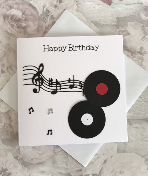 Vinyl Record Birthday Card, Retro Record Card for Dad, Music Lover Card, DJ Card, Card for Him-Her, Music Gift, Record Collector, UK Shop Super charming card featuring vinyl records and intricate music notes. Perfect card for a Music lover, DJ or Musician. Truly stylish handmade card that will surely put a smile on the recipient's face. This 14.5 cm x 14.5 cm (6'' x 6'') 250 gsm card features the printed sentiments 'Happy Birthday'. Quality card stock has been used for the vinyl records and musi Vinyl Record Birthday, Musical Greeting Cards, Record Card, Musical Cards, Simple Birthday Cards, Homemade Birthday Cards, Masculine Birthday Cards, Birthday Cards For Boys, Player Card