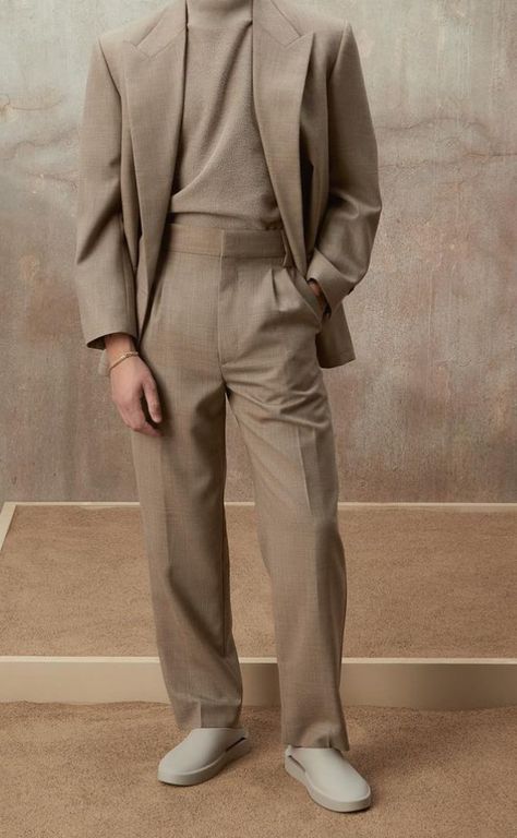 Baggy Prom Suit, Wedding Guest Dress Men, Men Beige Suit, Beige Suit Men, Beige Trousers Outfit, Mens Formal Outfits, Wedding Dresses Men Indian, Gents Kurta, Aesthetic Outfits Men